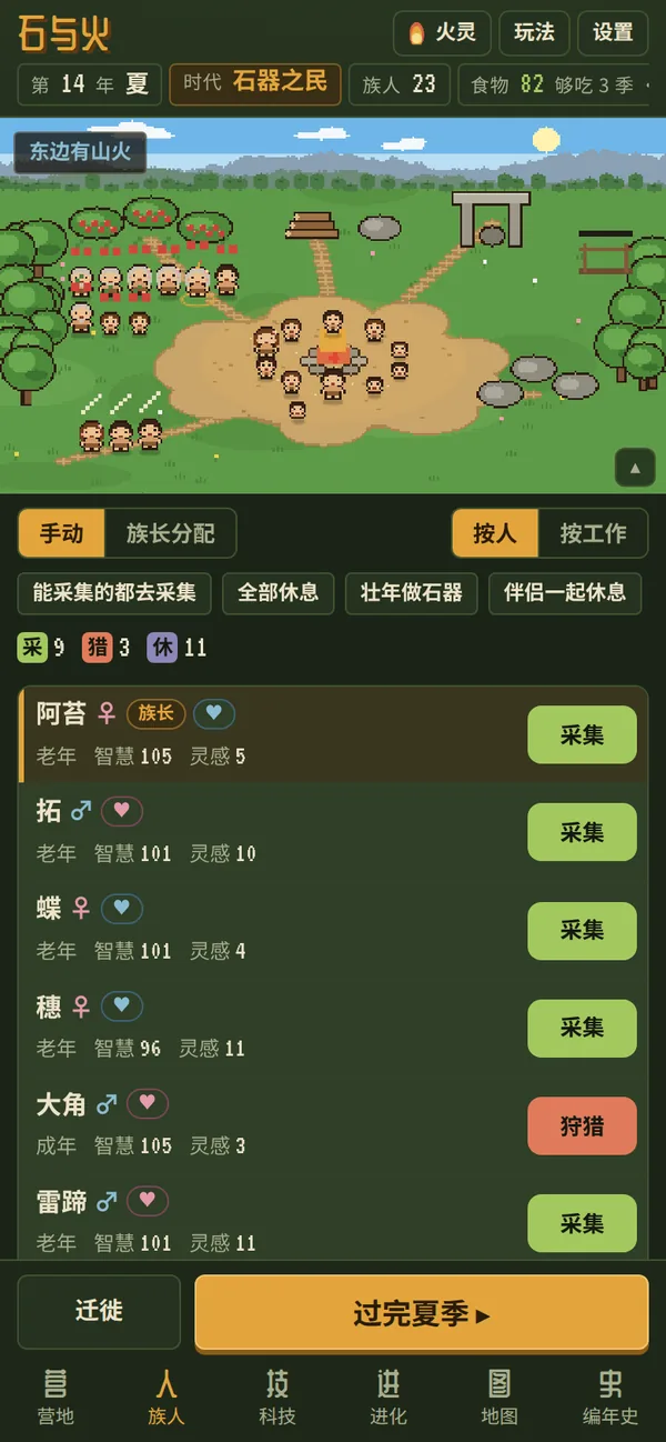 手机上的石与火：上面是营地画面，下面是族人名单和各自的活计